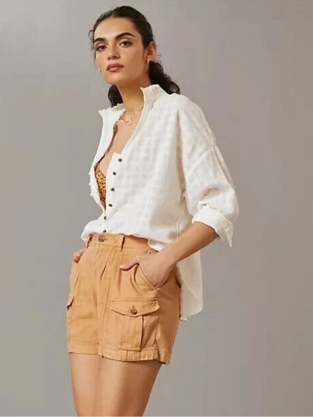 Pilcro Anthropologie Gauze Buttondown Ruffle Long Sleeve Top- Ivory